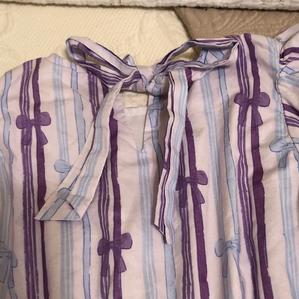 Girls Tiered Casual Dress with Purple and Light Blue Bow Stripes - Picture 5 of 5